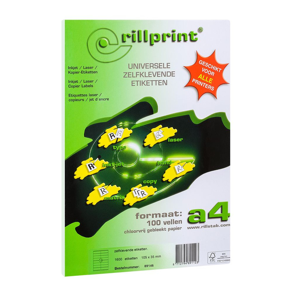 Самоклеящиеся этикетки универсальные "Rillprint", 105x35 мм, 100 листов, 16 шт, белый