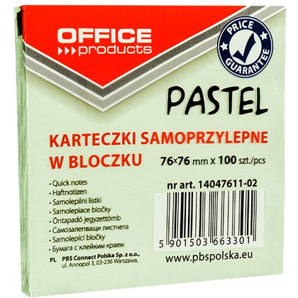 Бумага для заметок "Office Products", 76x76 мм, 100 листов, зеленая пастель