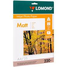 Фотобумага матовая для струйной фотопечати "Lomond", A4, 25 листов, 220 г/м2