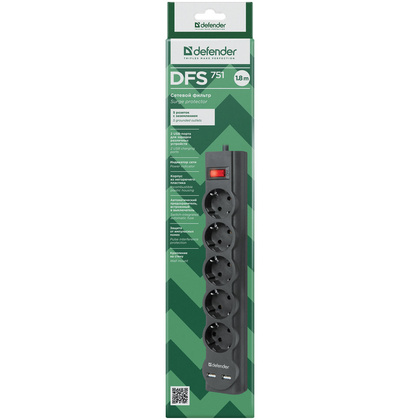 Сетевой фильтр "Defender DFS 751", 1.8 м, черный     - 5