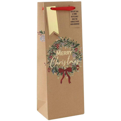 Пакет бумажный подарочный "Xmas Wreath Kraft" для бутылки, 12.7x9x35.5 см, разноцветный