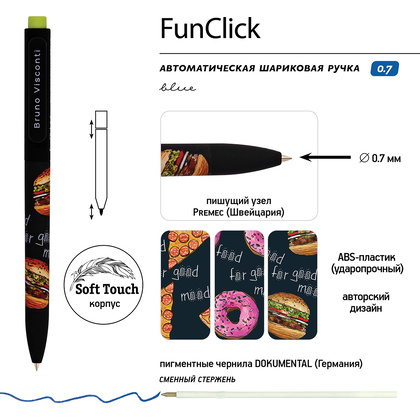 Ручка шариковая автоматическая "FunClick. Food in black", 0,7 мм, ассорти, стерж. синий - 3