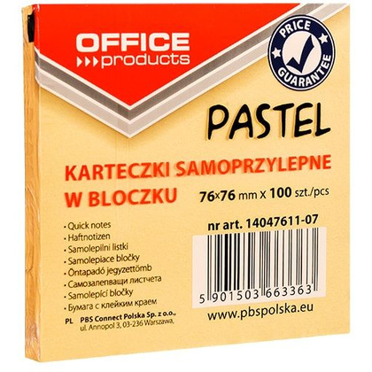 Бумага для заметок "Office Products", 76x76 мм, 100 листов, оранжевая пастель