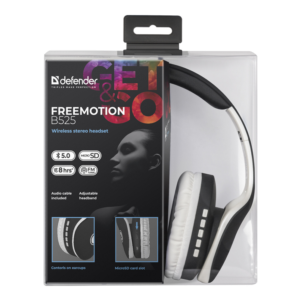 Наушники беспроводные Defender "FreeMotion B525", Bluetooth, черный, белый - 6