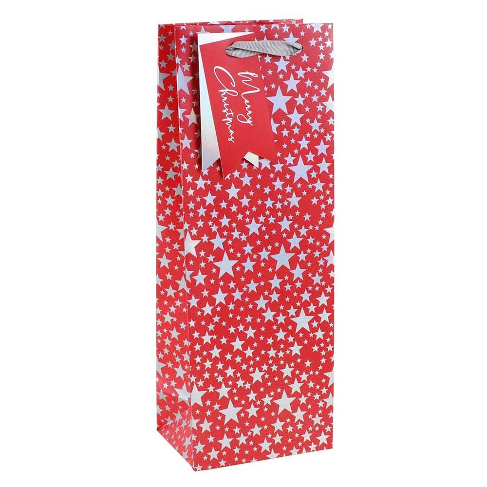 Пакет бумажный подарочный "Xmas Silver stars" для бутылки, 12.7x9x35.5 см, красный