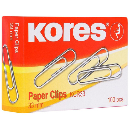 Скрепки "Kores", 33 мм, 100 шт, серебристый