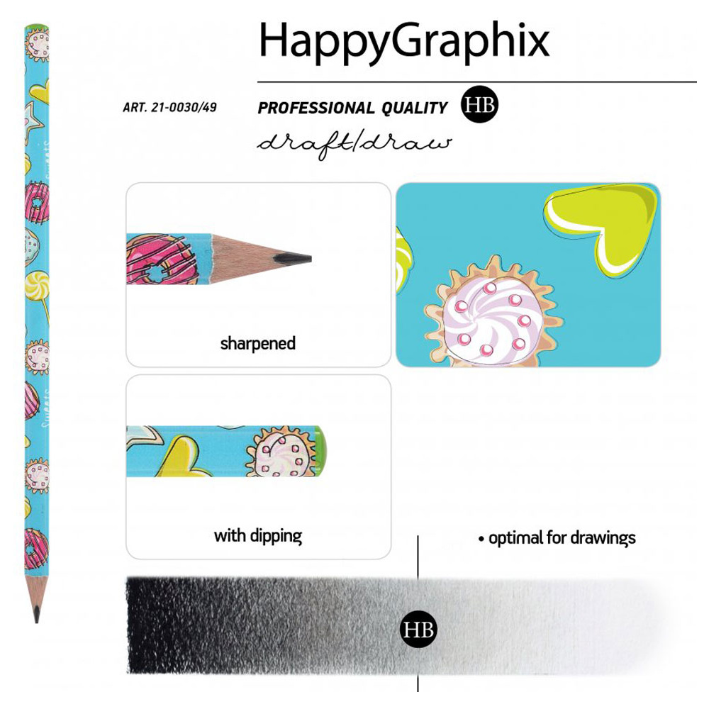 Карандаш чернографитный "HappyGraphix. Пончики", HВ, без ластика, голубой - 3