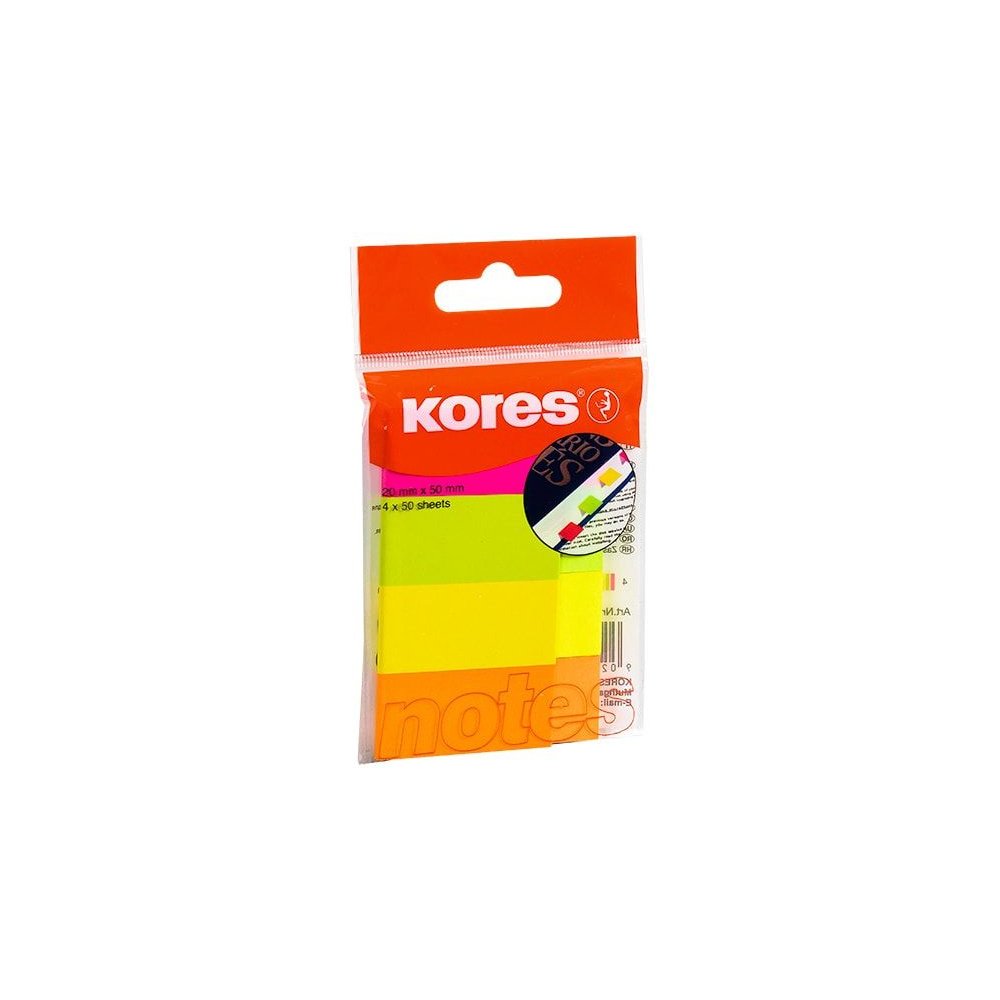 Закладки бумажные клейкие "Kores Notes", 20x50 мм, 200 шт, ассорти