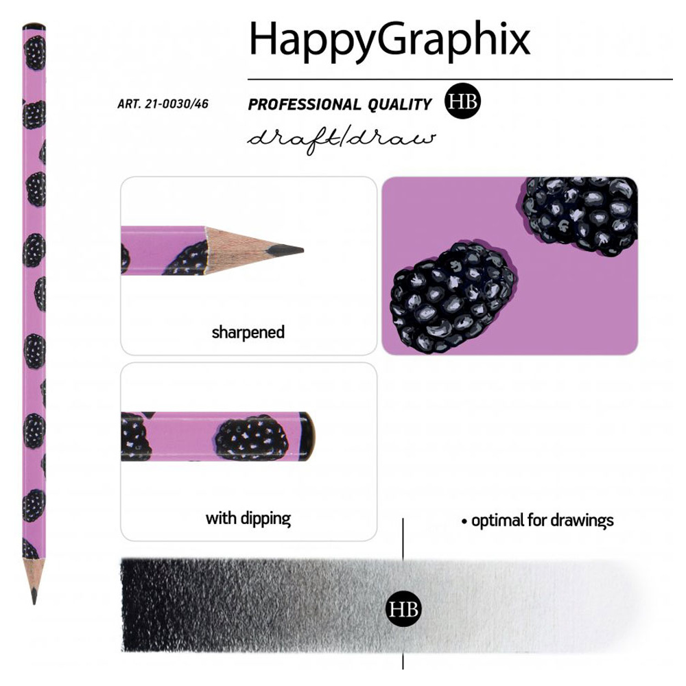 Карандаш чернографитный "HappyGraphix. Ежевика", HВ, без ластика, черный, розовый - 3