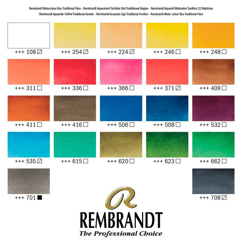 Набор акварельных красок "Rembrandt", 22 цвета, кюветы - 3