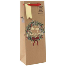 Пакет бумажный подарочный "Xmas Wreath Kraft" для бутылки, 12.7x9x35.5 см, разноцветный