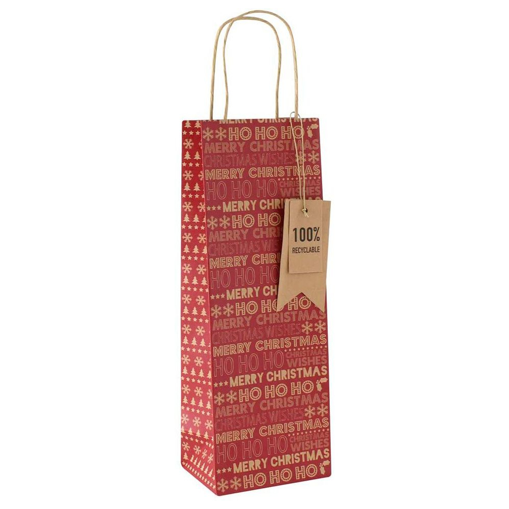 Пакет бумажный подарочный "Kraft Xmas text" для бутылки, 12.7x9x35.5 см, разноцветный