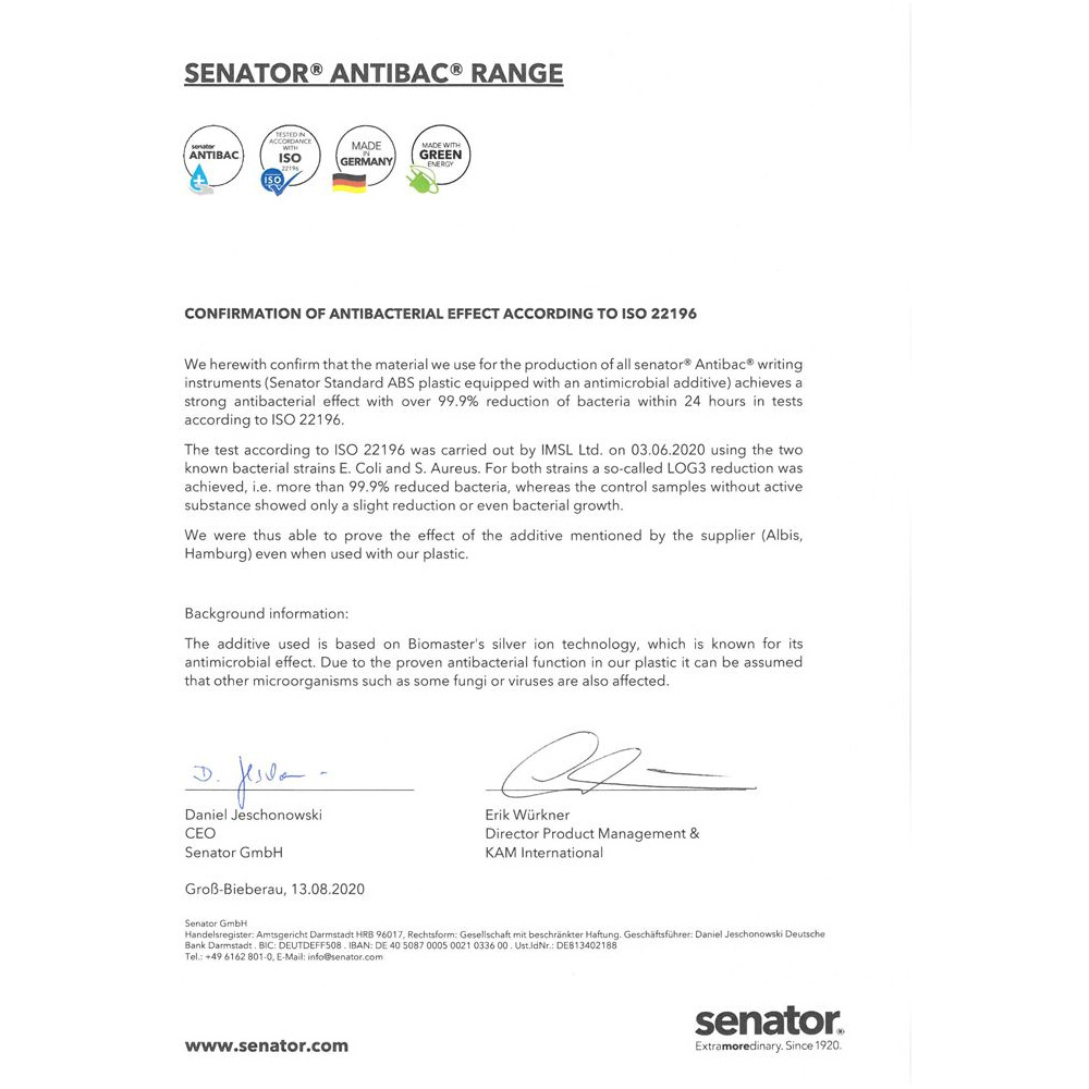 Ручка шариковая автоматическая "Senator Point Polished Antibac", 1.0 мм, белый, стерж. синий - 3