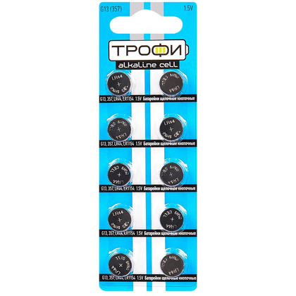 Батарейки алкалиновые дисковые Трофи "LR44/LR1154/357", 10 шт.