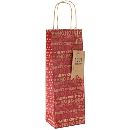 Пакет бумажный подарочный "Kraft Xmas text" для бутылки, 12.7x9x35.5 см, разноцветный