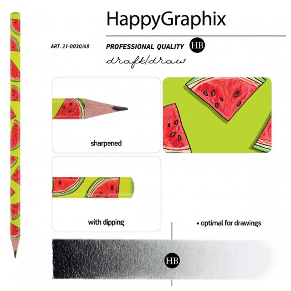Карандаш чернографитный "HappyGraphix. Арбуз", HВ, без ластика, зеленый, красный - 3