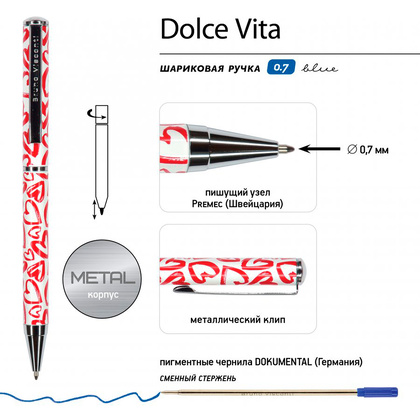 Ручка шариковая автоматическая "Dolce Vita. Сердечки. Красные", 0.7 мм, белый, красный, стерж. синий - 3